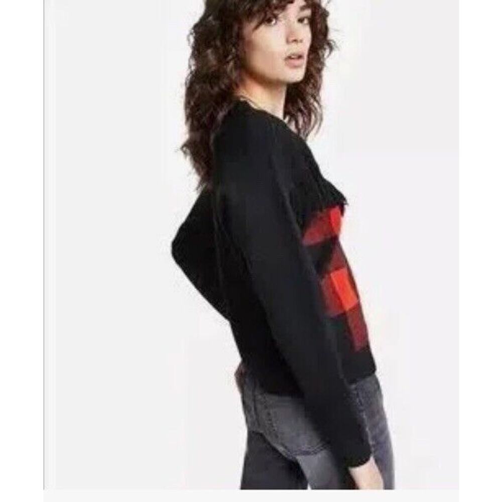 Bar iii Red Buffalo Check Sweater XXL With Fringe Sparkle Fabric NWT - Picture 2 of 5